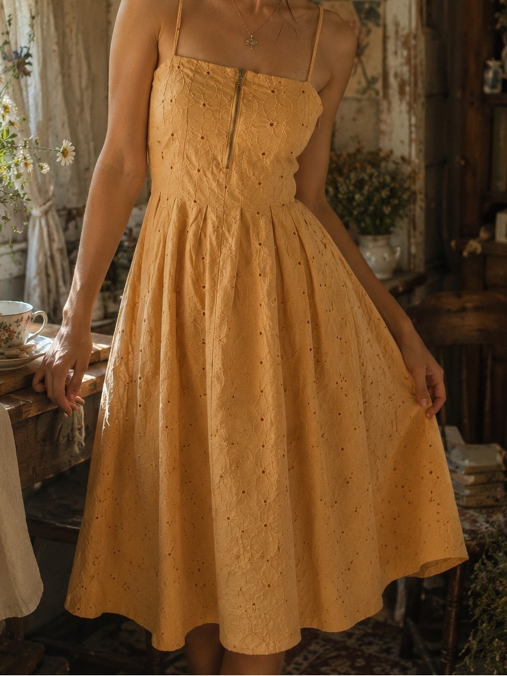 Line & Dot Eyelet Midi Dress with Spaghetti Straps